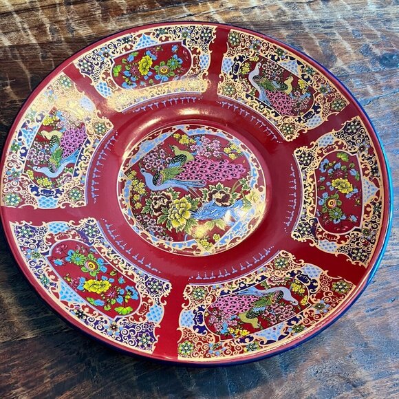 Vintage Red Enamel Decorative Bowl With Floral & Peacock Motifs - Picture 1 of 10